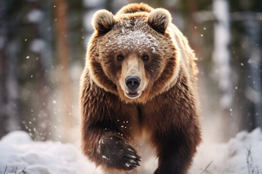 The sight of a brown bear running in a forest covered in snow.