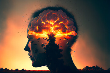 Fear of nuclear war concept. Double exposure. Human head