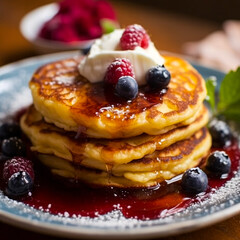 Homemade syrniki - cottage cheese pancakes covered in blueberries.