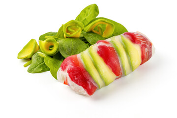 spring rolls with salmon gravlax and funchoza white background for restaurant menu online delivery 3