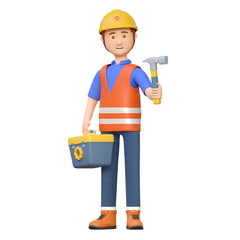 construction worker carrying hammer and toolbox 3d cartoon character illustration