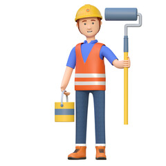 construction worker carrying paint roller and paint bucket 3d cartoon character illustration