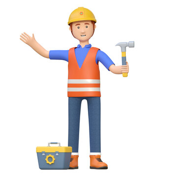 construction worker carrying hammer and toolbox 3d cartoon character illustration