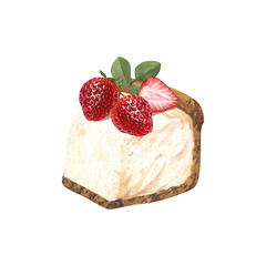 Watercolor dessert, piece of cheesecake with fresh strawberries. Hand-drawn illustration isolated on white background. Perfect food menu, food drawing, design packing, print