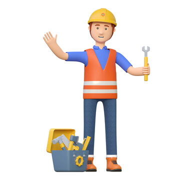 construction worker carrying wrench 3d cartoon character illustration