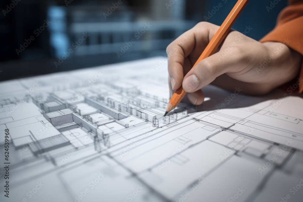 Poster architect working on blueprint, architecture: architects hand on plans creates a vision in orange an