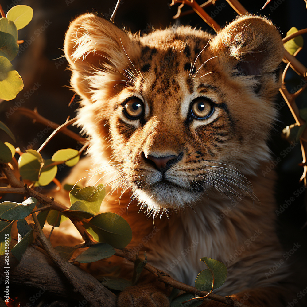 Wall mural Sweet lion cub in the outdoors Generative AI