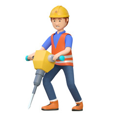 construction worker holding jackhammer drill 3d cartoon character illustration