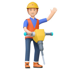 construction worker holding jackhammer drill 3d cartoon character illustration