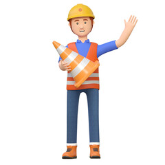 construction worker holding road cone 3d cartoon character illustration