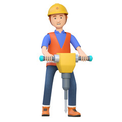 construction worker holding jackhammer drill 3d cartoon character illustration