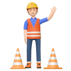 construction worker holding road cone 3d cartoon character illustration