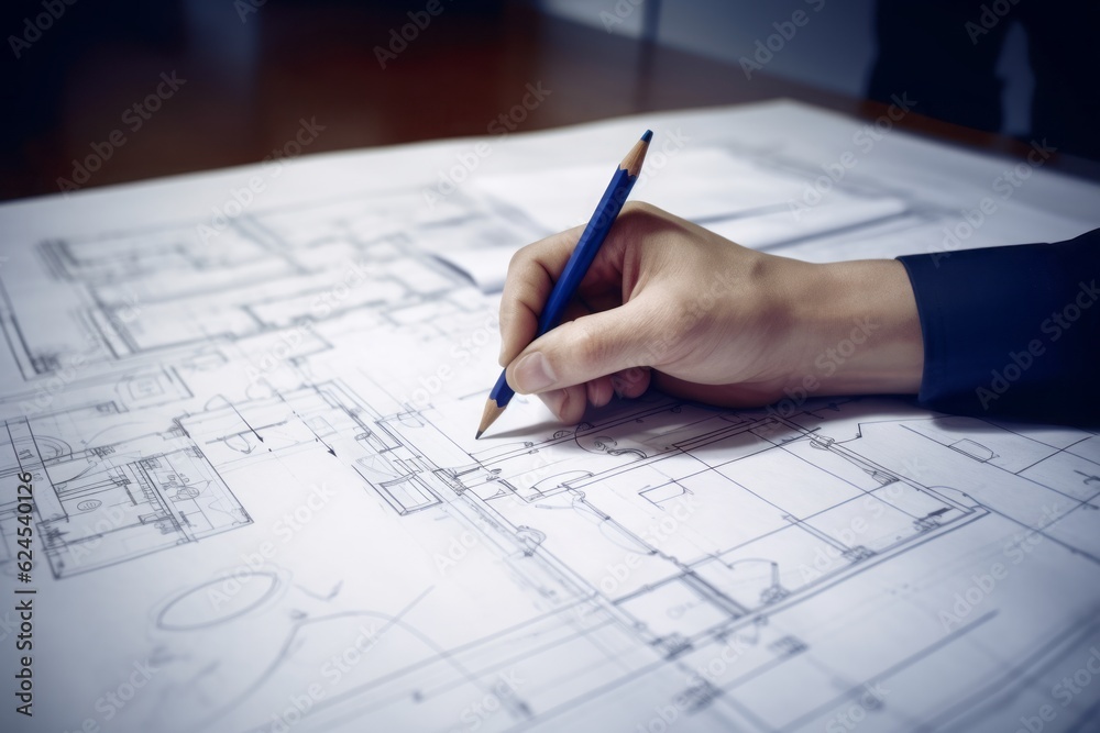 Poster architect working on blueprint, architecture: architects hand on plans creates a vision in orange an