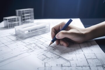 architect working on blueprint, Architecture: Architects Hand on Plans Creates a Vision in Orange and Indigo, White Office, Inspiring Skyscraper