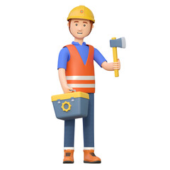 construction worker carrying axe and toolbox 3d cartoon character illustration