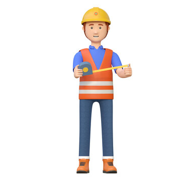 construction worker holding ruler and tape measure tool 3d cartoon character illustration