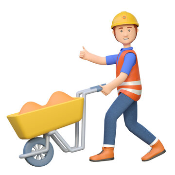 construction worker pushing wheelbarrow 3d cartoon character illustration