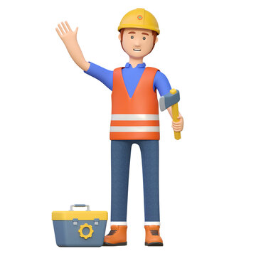 construction worker carrying axe and toolbox 3d cartoon character illustration