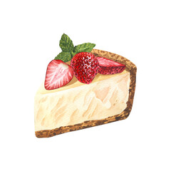 Watercolor dessert, piece of cheesecake with fresh strawberries. Hand-drawn illustration isolated on white background. Perfect food menu, food drawing, design packing, print