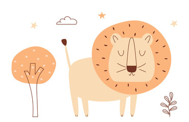 Abstract lion in jungle. Flat illustration in Scandinavian style. Cute childish illustration with animal character. Lion on white background. Hand drawn vector isolated illustration.