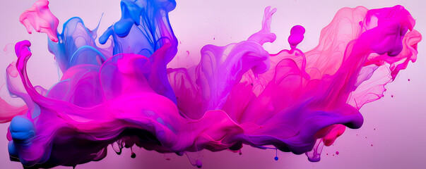 colorful image of a multi-colored liquid, flying and flowing, light purple and pink, bright saturated background. banner ready to use on the site. AI generation.