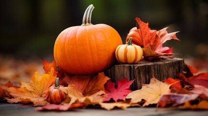 Pumpkins and autumn leaves on an old tree stump, autumn, fall, Thanksgiving, Halloween