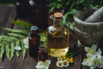 Assortment of pure organic natural essential aroma oil with mint , camomile on wooden background. Concept of herbal, floral ingredients in cosmetology. Alternative medicine, therapy, Ayurveda
