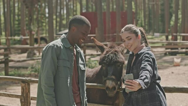 Young cheerful multi-ethnic couple using smartphone and taking selfie with donkey while visiting animal farm on summer weekend