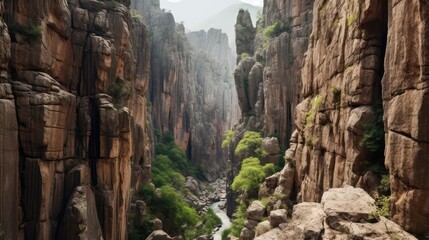 Fototapeta premium picturesque canyon in warm shades of red and orange with green plants growing on the slopes 