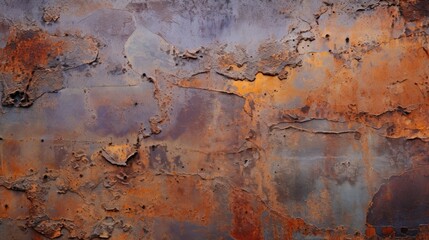 a horizontal abstract background, of rusted metal, with cool lavender and warm rust orange highlights, tactile, uneven texture for product display/mock-up.  Decor-themed in a JPG format. Generative AI