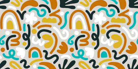 Hand drawn contemporary art collage with multicolor abstract shapes. Vector seamless pattern with modern Scandinavian design elements.