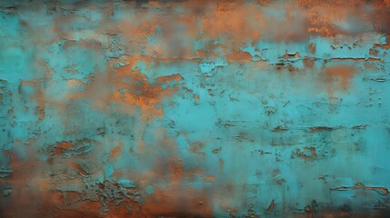  a horizontal abstract background, of rusted metal, with cool turquoise and warm rust-orange highlights, tactile, uneven texture for product display/mock-up.  Decor-themed in a JPG format. Generative 