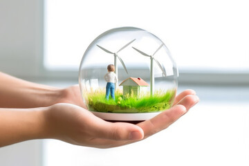 A transparent toy glass globe with a landscape of nature, miniature people, green grass, a house, a tiny wind turbines inside in the hands of a woman. Concept of ecology future and renewable resources