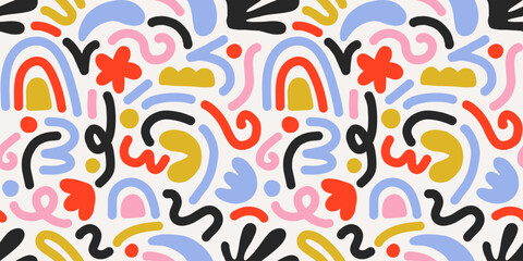 Hand drawn contemporary art collage with multicolor abstract shapes. Vector seamless pattern with modern Scandinavian design elements.