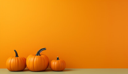 pumpkins on with an orange background, space for copy or text,  Halloween, Thanksgiving, harvest, fall, autumn