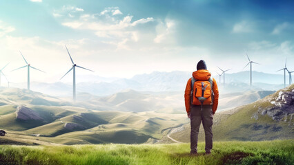 Back view of a male hiker standing high in the mountains, looking at an landscape of nature with wind turbines in front of him. Concept of ecology future, renewable resources. Copy space. Banner