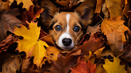 a cute puppy in a pile of autumn leaves