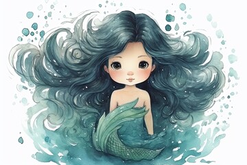 Mermaid character cartoon watercolor, cute girl, clipart illustration, isolated on white paper