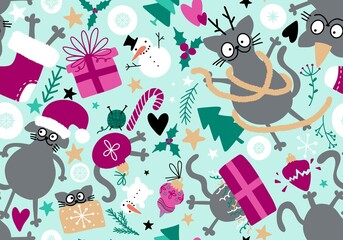 Christmas animals seamless cats and gift box and tree and toys pattern for wrapping paper and fabrics