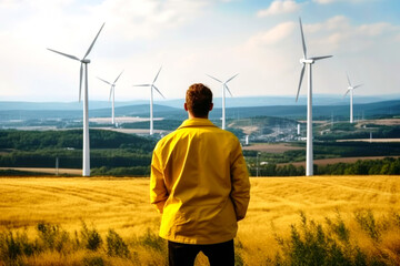 Back view of a male engineer in a yellow work jacket looking out at a field with a wind turbine farm in front of him. The concept of people in a community with sustainable resources. Renewable energy