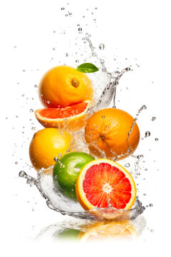 Fresh citrus fruits flying in water splash Isolated on white background. Copy Space. Generative AI © zamuruev