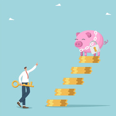 Manage own money successfully, increase investment portfolio and savings, secret keys to wealth, invest money in innovation and deposits, unlock frozen assets, man with key near piggy bank with lock.