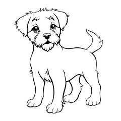 Border Terrier black and white hand drawn cartoon portrait vector illustration. Funny Terrier puppy standing and looking forward. Dogs, pets themed design element, icon, logo, coloring book page