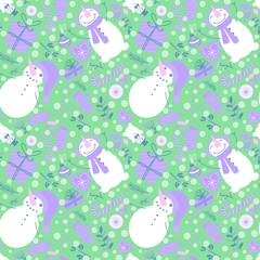 Christmas snowman seamless candy and flower and gift box and gloves pattern for wrapping paper and fabrics