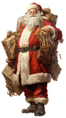 Fototapeta na wymiar Santa Claus, Old Saint Nicholas, full body holding gifts and packages in his red and white outfit in a Christmas-themed, photorealistic illustration in a PNG format, cutout, and isolated. Generative 