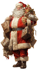  Santa Claus, Old Saint Nicholas, full body holding gifts and packages in his red and white outfit in a Christmas-themed, photorealistic illustration in a PNG format, cutout, and isolated. Generative  © Purple Penguin GFX