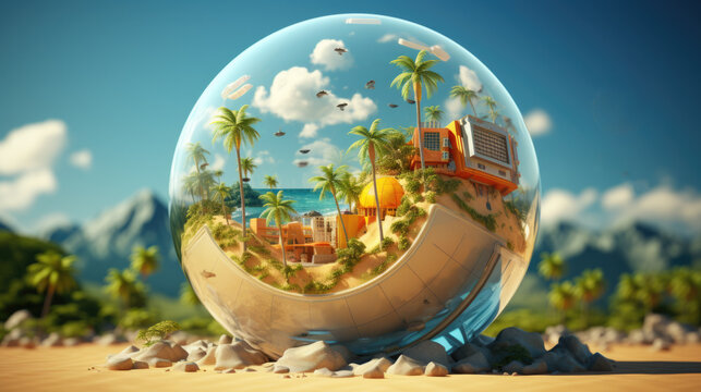 a transparent round sphere with a tropical island inside on a sandy beach. Generative AI