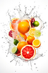 Fresh citrus fruits flying in water splash Isolated on white background. Copy Space. Generative AI