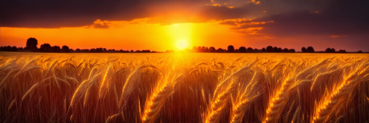 Wheat field at sunset. Generative AI. 