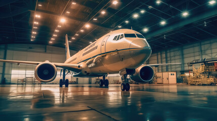 A passenger aircraft maintenance in a aiport hangar